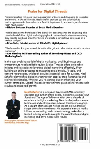 Neal Schaffer's book, Digital Threads, opened to a page with a diagram of a digital marketing strategy.