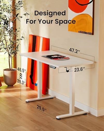 Modern adjustable desk with dimensions in stylish room.