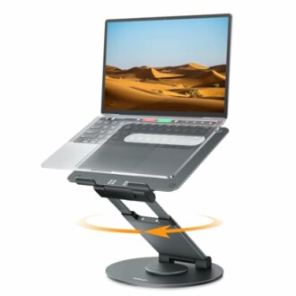 Adjustable laptop stand holding a laptop