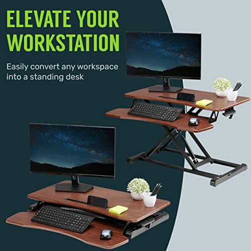 Adjustable standing desk converter with dual monitor setup.
