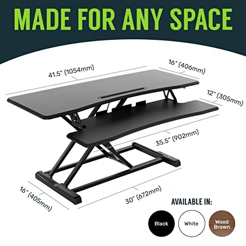 Adjustable standing desk dimensions and color options.