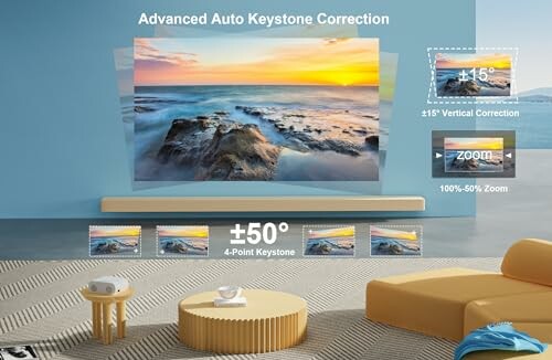 Projector displaying advanced auto keystone correction with images.