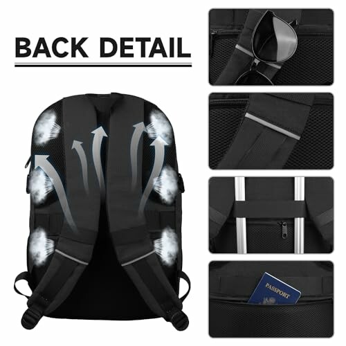 Backpack with airflow design, sunglass holder, luggage strap, and hidden pocket.