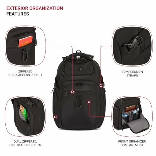 Backpack with exterior organization features including zippered pockets, compression straps, and front organizer compartment.