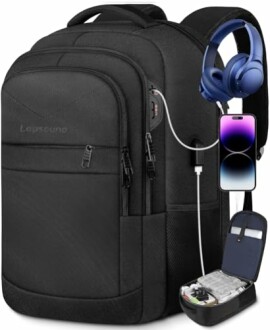 Black backpack with USB charging port, headphones, and smartphone.