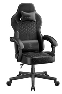 Black ergonomic gaming chair with cushioned armrests and headrest