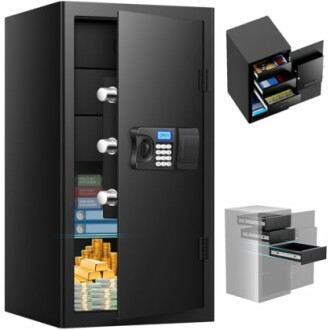 Open black security safe with compartments and digital lock.