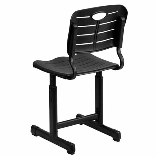 Black stackable chair with a slatted back and metal legs.