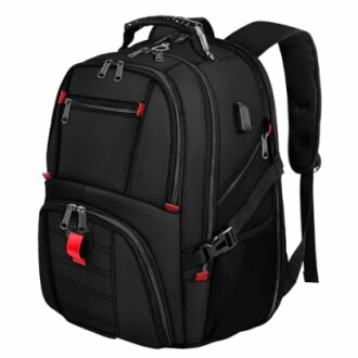 Black travel backpack with multiple compartments and zippers