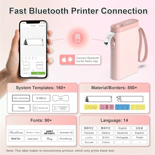 Bluetooth printer connection guide with smartphone and templates.