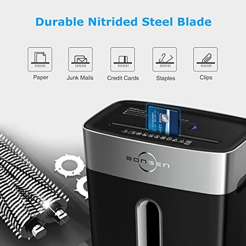 Bonsen paper shredder with durable nitrided steel blade for paper, junk mails, credit cards, staples, clips.