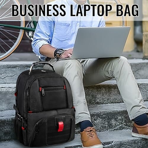 Person sitting with laptop and business laptop bag