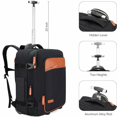 Convertible backpack luggage with a hidden lever and adjustable heights.