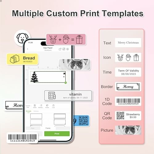 Custom print templates display with phone and various label designs.