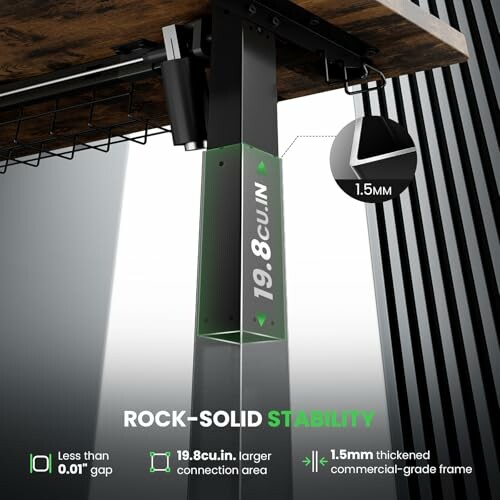 Desk frame with 19.8 cu.in connection area and 1.5mm thickness for stability.