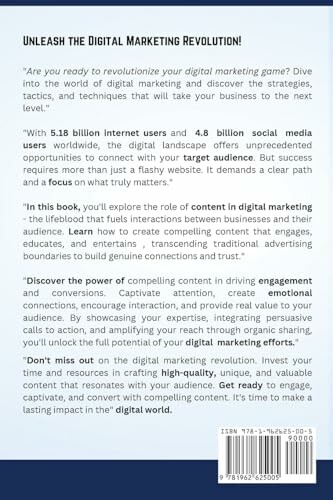Back cover of a digital marketing book highlighting key concepts and audience engagement strategies.