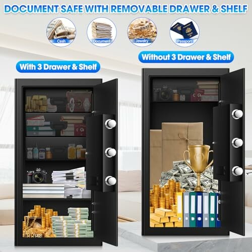 Comparison of safes with and without drawers, displaying cash, documents, and other valuables.