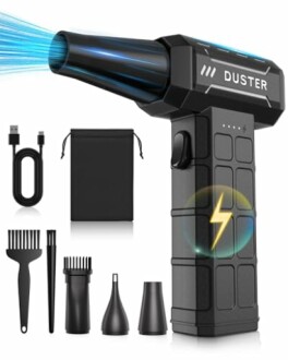 Electric air duster kit with accessories including nozzles, USB cable, and storage bag.