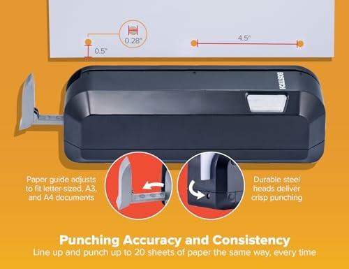 Electric paper punch with adjustable paper guide and durable steel heads.