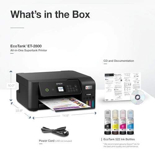 Epson EcoTank ET-2800 printer with accessories including power cord, CD, documentation, and ink bottles.