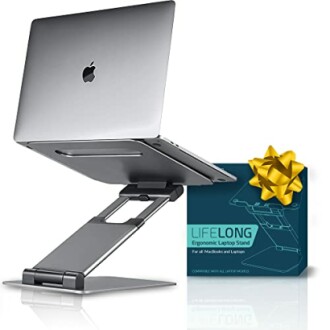 Ergonomic laptop stand with a box and a bow.