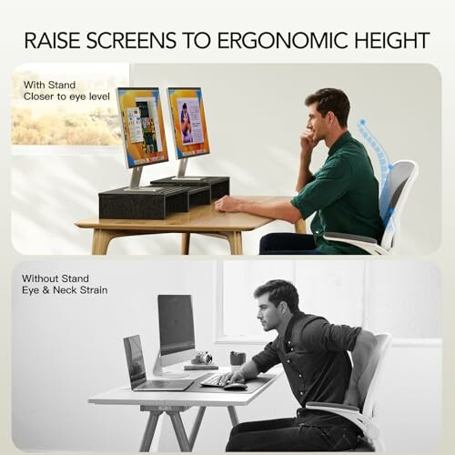 Comparison of monitor height with and without a stand for ergonomic seating.