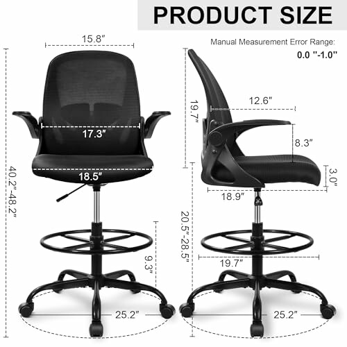 Ergonomic office chair with detailed size measurements.