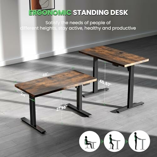 Ergonomic standing desk with adjustable height and two wood surfaces.