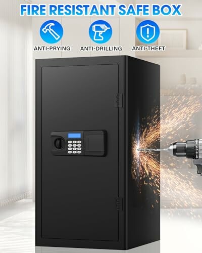 Fire resistant safe box with anti-prying, anti-drilling, and anti-theft features.