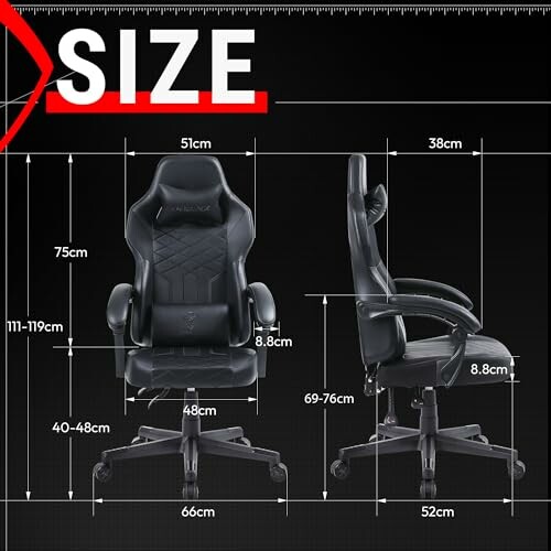 Gaming chair with dimensions shown from front and side views.