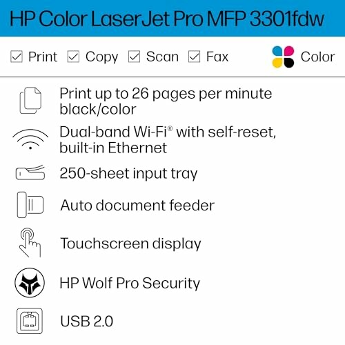 HP Color LaserJet Pro MFP 3301fdw features including print, copy, scan, fax, color, Wi-Fi, input tray, auto feeder, touchscreen, security, USB 2.0.
