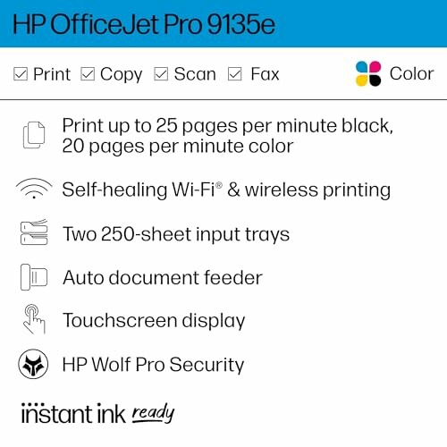HP OfficeJet Pro 9135e features list including print, copy, scan, fax, color printing, Wi-Fi, dual input trays, auto feeder, touchscreen, and security.