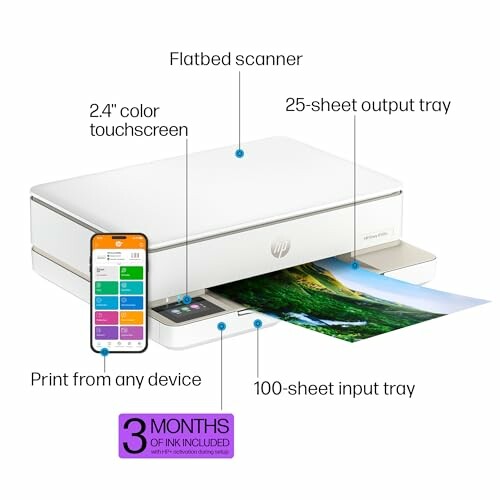 HP printer with touchscreen, flatbed scanner, 100-sheet input tray, 25-sheet output tray, mobile printing, and 3 months ink offer.