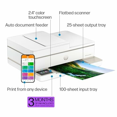 HP printer with touchscreen, scanner, and wireless printing.