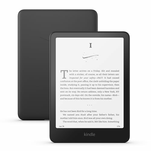 Front and back view of a Kindle e-reader displaying text on screen.