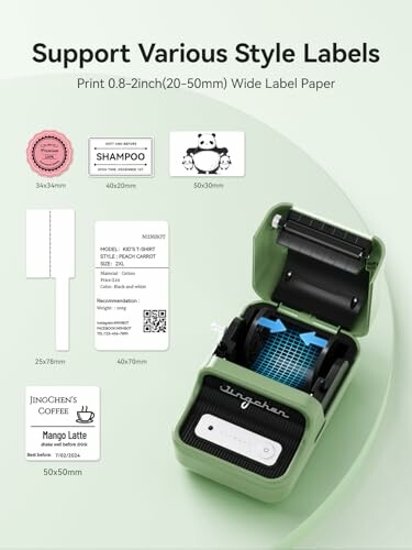 Label printer with various style labels and size options.