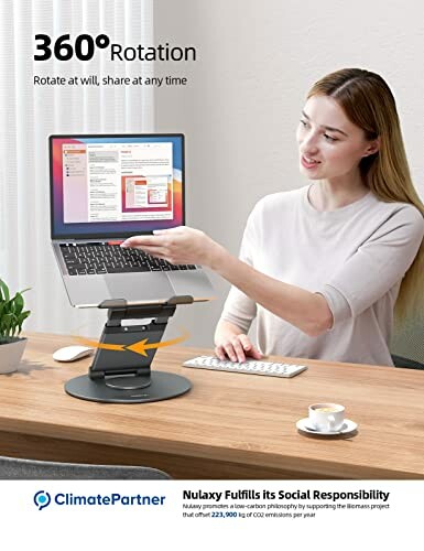 Woman demonstrating a 360-degree rotating laptop stand.