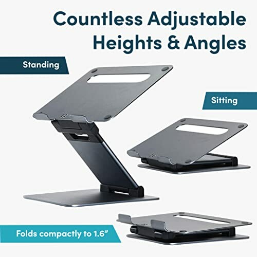 Adjustable laptop stand with different heights and angles for standing and sitting.