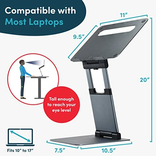 Adjustable laptop stand with dimensions and features, suitable for most laptops.
