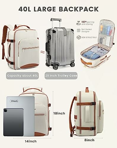 Large backpack with features and dimensions.