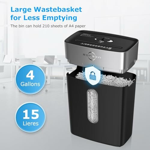 Large wastebasket paper shredder with 4 gallons capacity.