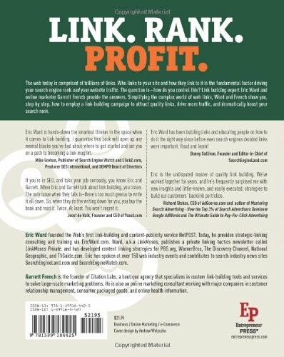 Back cover of the book 'Link. Rank. Profit.' with text and author information.