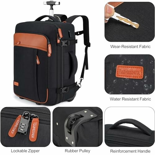Black and brown luggage backpack with lockable zipper, rubber pulley, wear-resistant and water-resistant fabric, and reinforced handle.