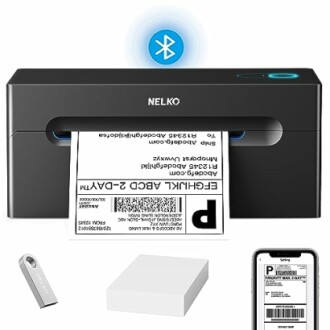 NELKO Bluetooth label printer with printed label, USB drive, and mobile app.