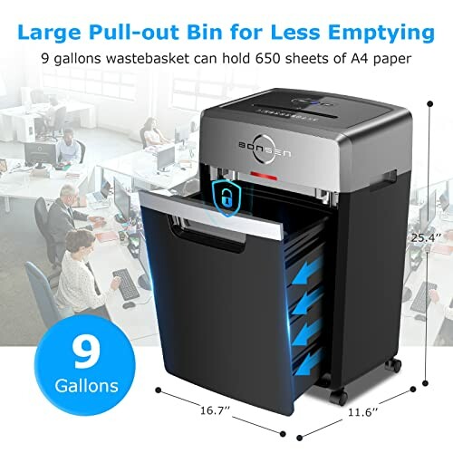 Office paper shredder with large pull-out bin, 9-gallon capacity.