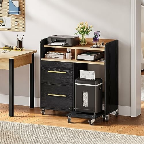 Office storage cabinet with printer, shredder, and decor.