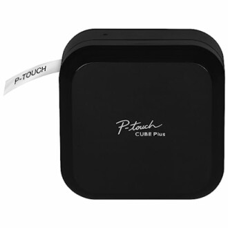 Black P-Touch Cube Plus label maker with label extended