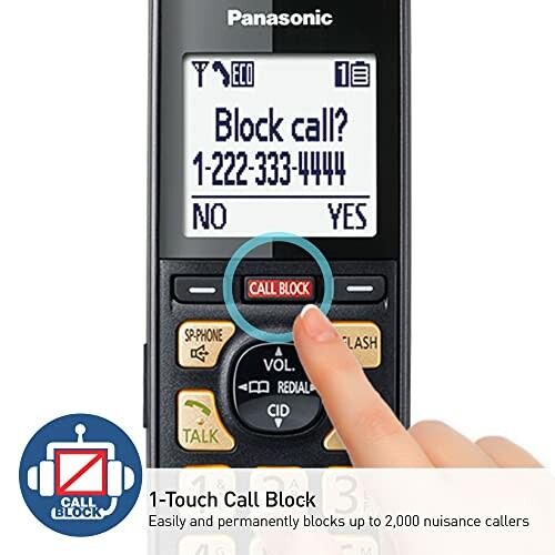 Panasonic phone with call block feature and highlighted button.