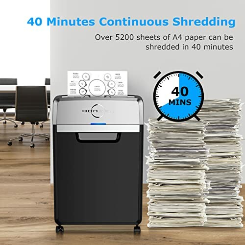 Paper shredder with stack of shredded documents and 40-minute continuous use feature.