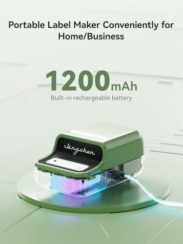 Portable label maker with 1200mAh rechargeable battery.
